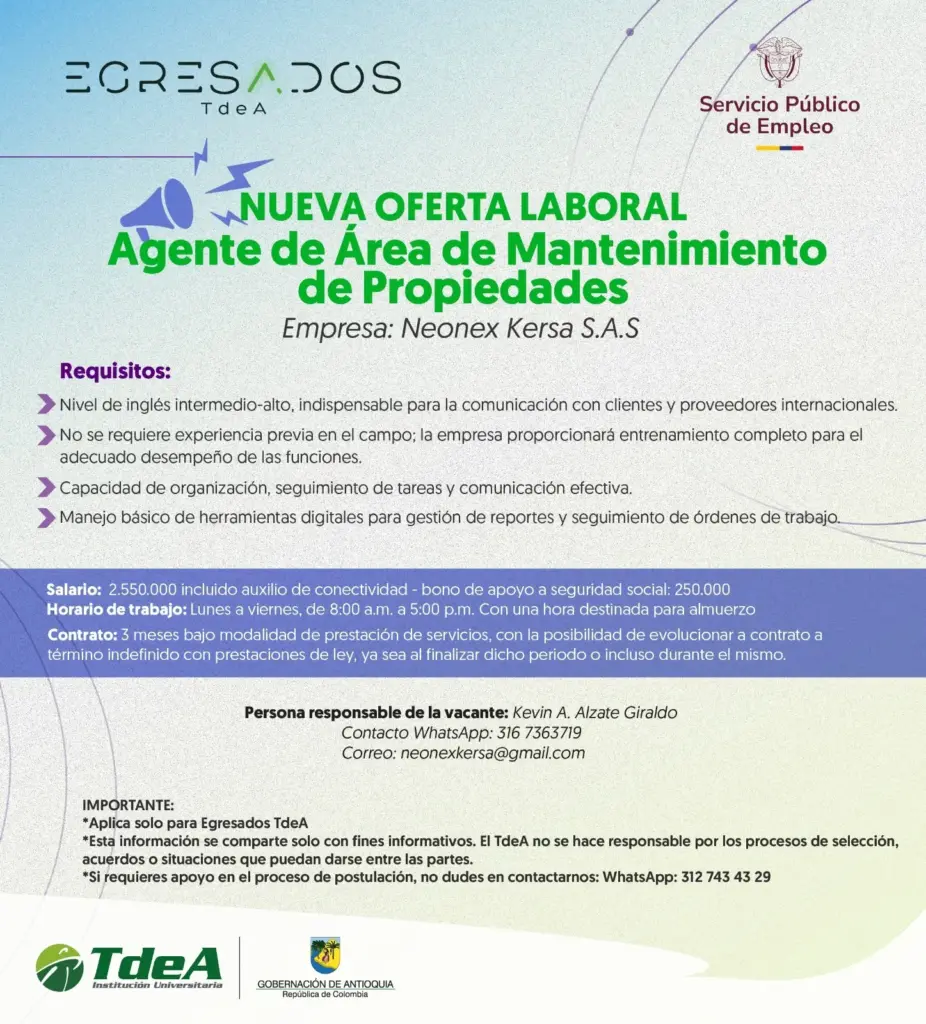 Oferta de empleo: Agente de Área de Mantenimiento de Propiedades