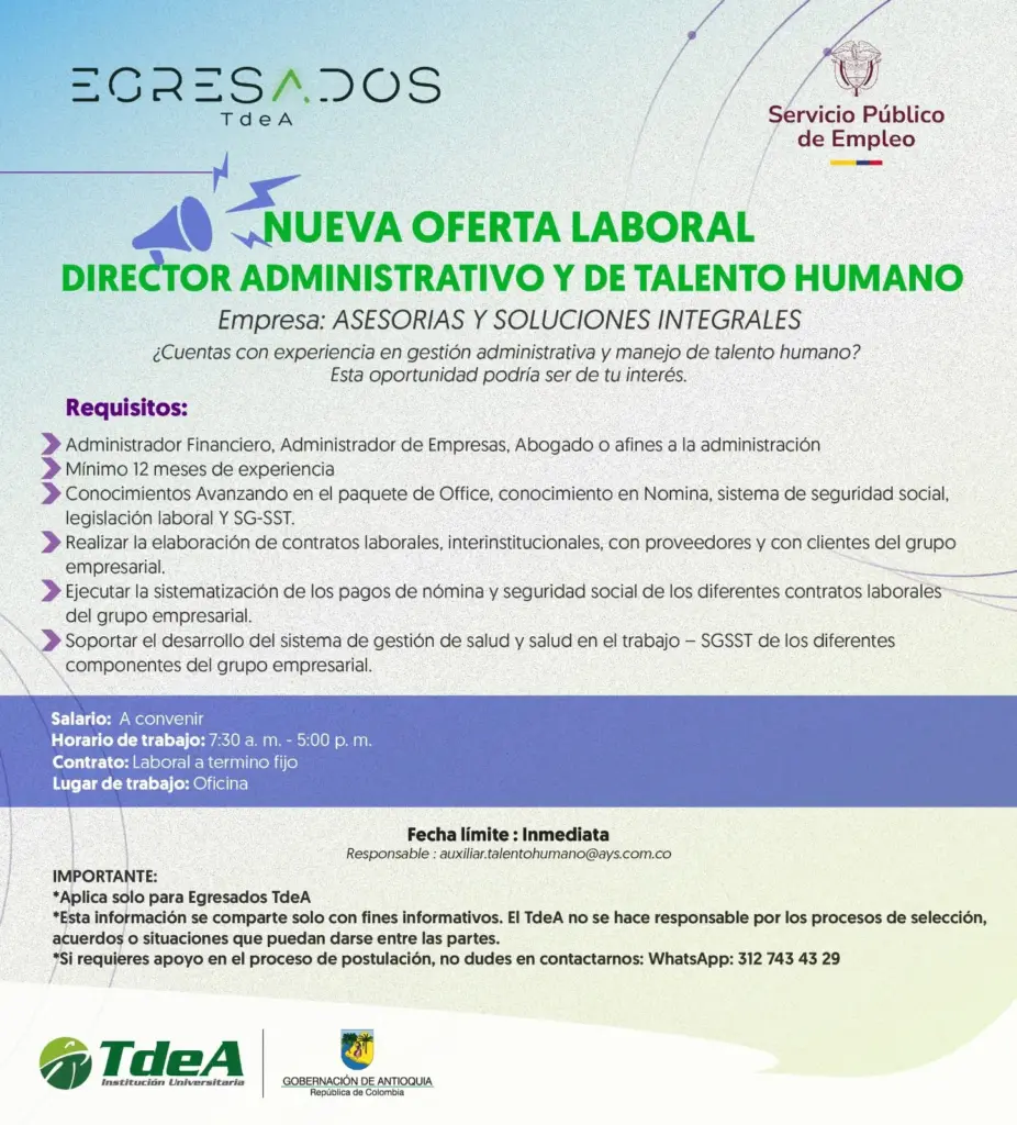 Oferta de empleo: Director Administrativo y de Talento Humano
