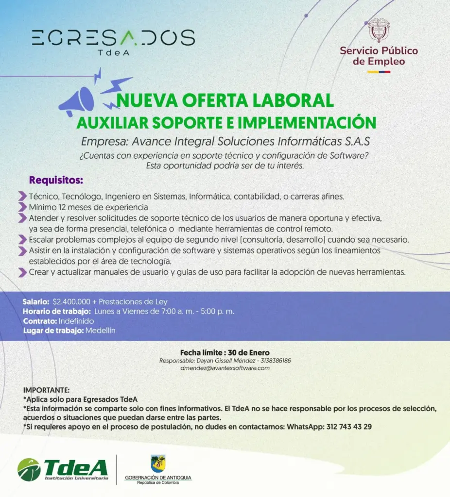 Oferta de empleo: Auxiliar Soporte e Implementación