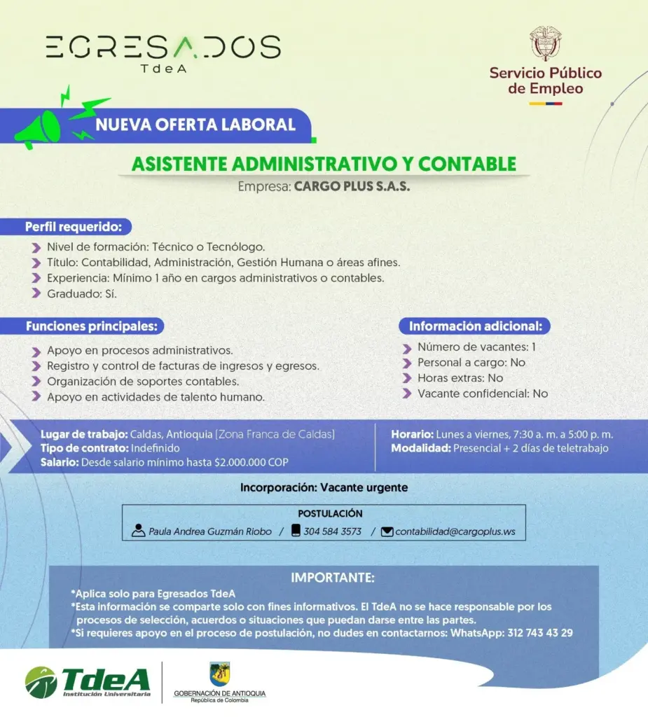 Oferta de empleo: Asistente Administrativo y Contable
