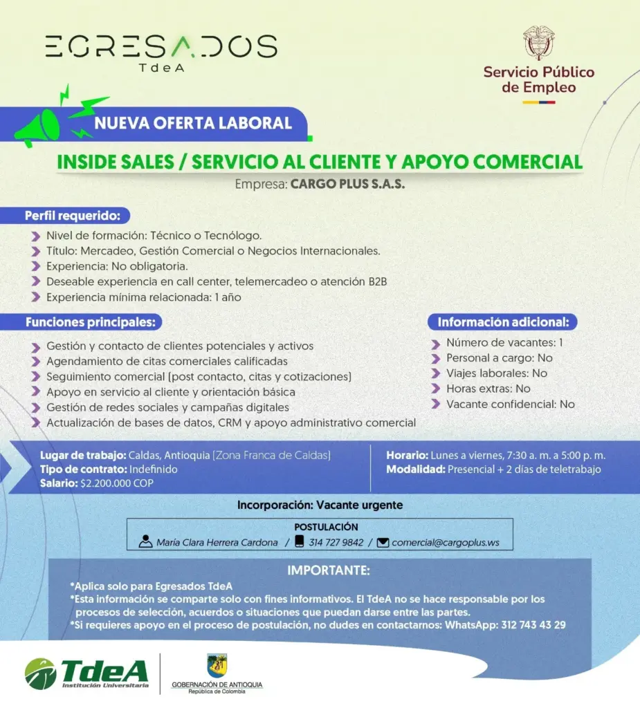 Oferta de empleo: Servicio al Cliente y Apoyo Comercial