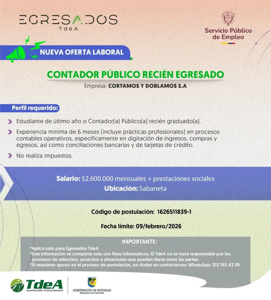 Oferta de empleo: Contador Público recién egresado