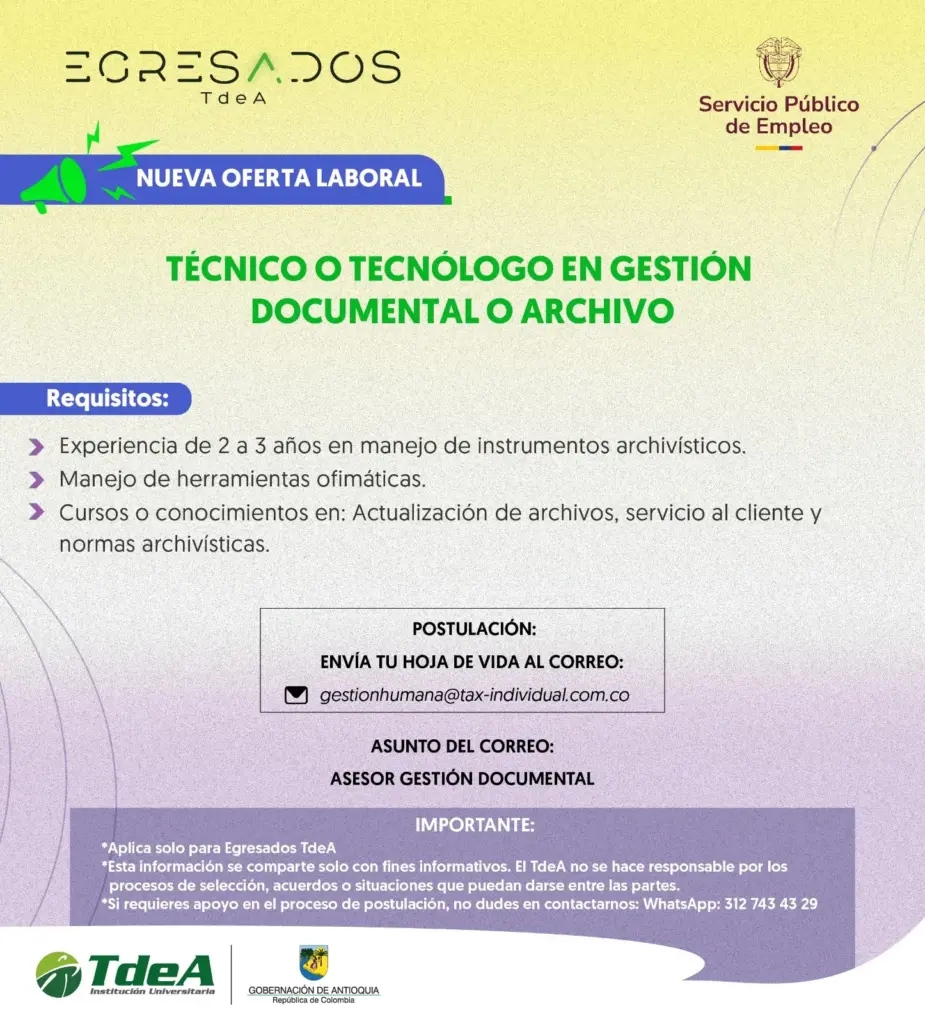 Oferta de empleo: Técnico o Tecnólogo en Gestión Documental o Archivo