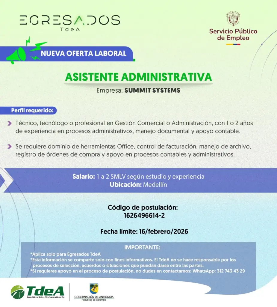 Oferta de empleo: Asistente Administrativa