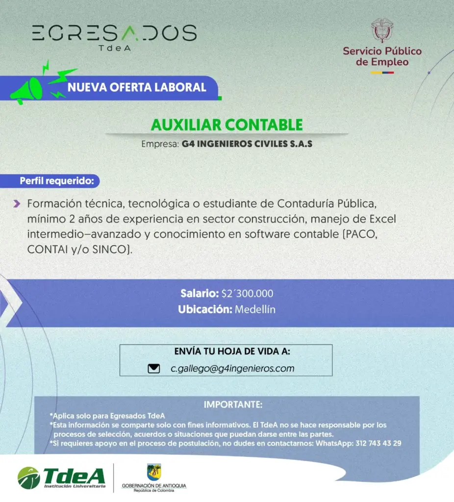 Oferta de empleo: Auxiliar Contable