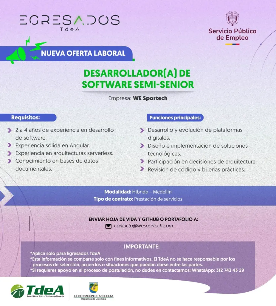 Oferta de empleo: Desarrollador(a) de Software Semi-Senior