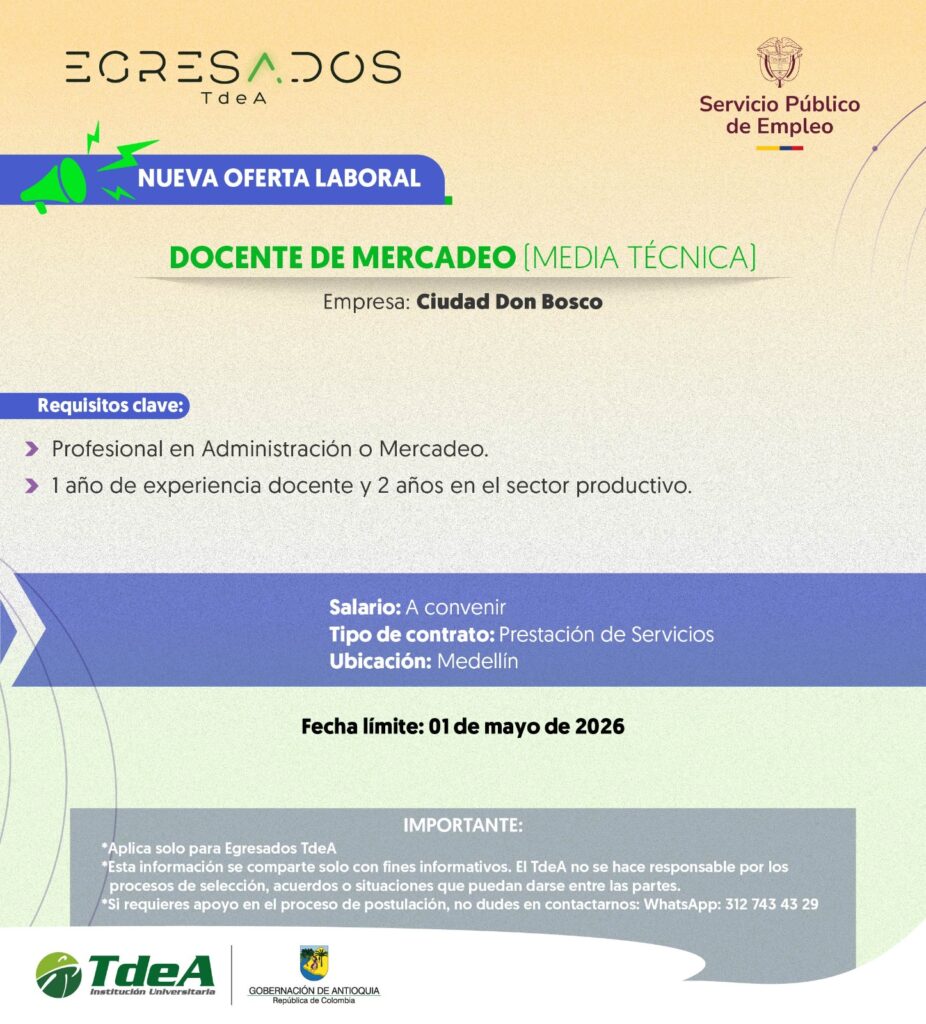Oferta de empleo: Docente de Mercadeo (Media Técnica)