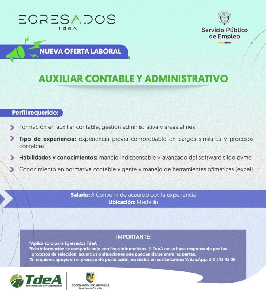 Oferta de empleo: Auxiliar Contable y Administrativo
